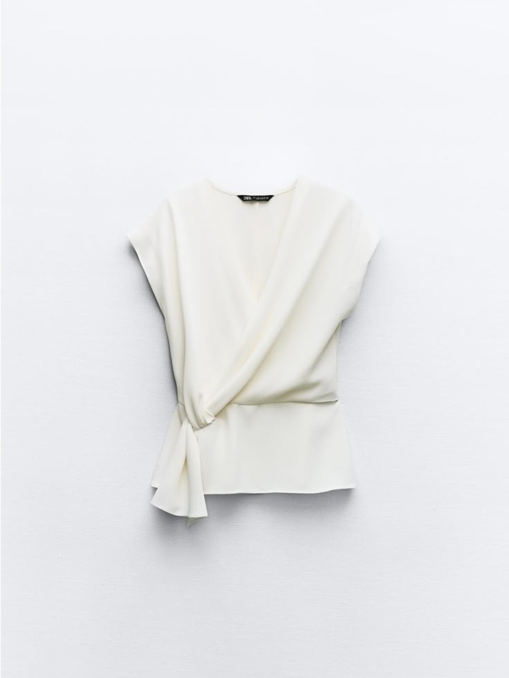 Zara Cream Wrap Knot Cap Sleeve Blouse